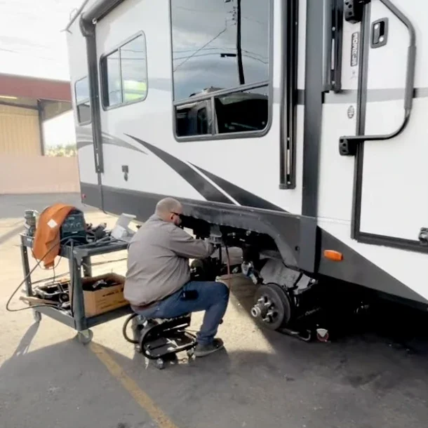 RV suspension and frame repair in progress at Arizona RV Service